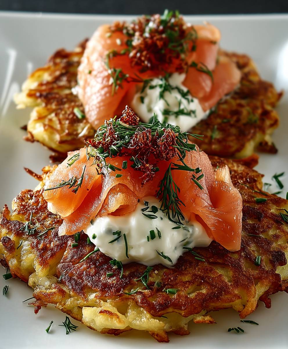 Potato pancakes salmon creme fraiche