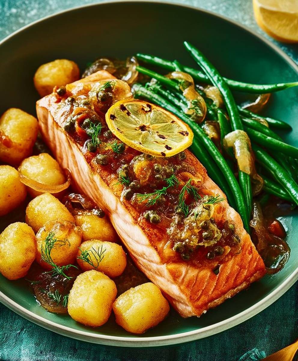 Salmon piccata crispy gnocchi