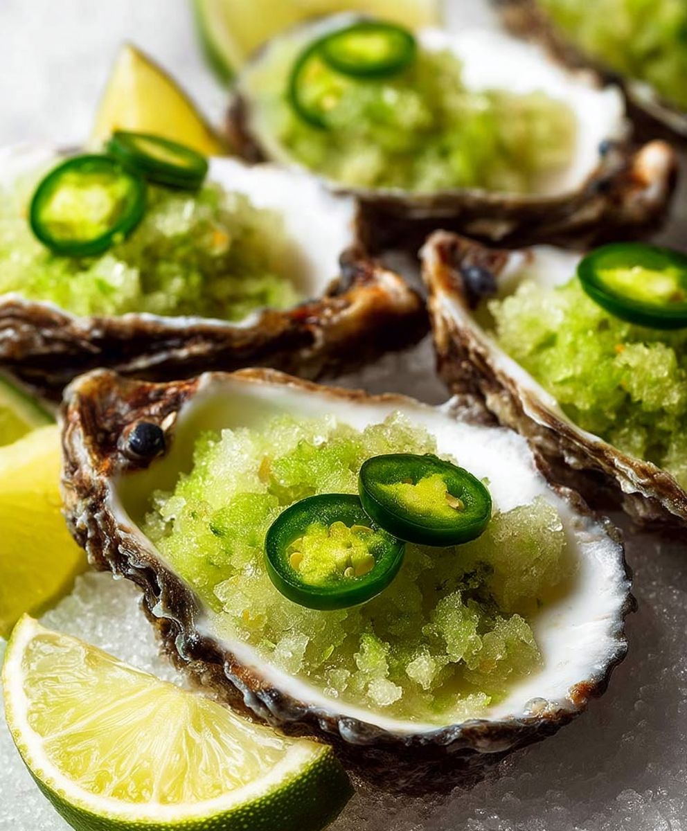 Cucumber lime granita oysters