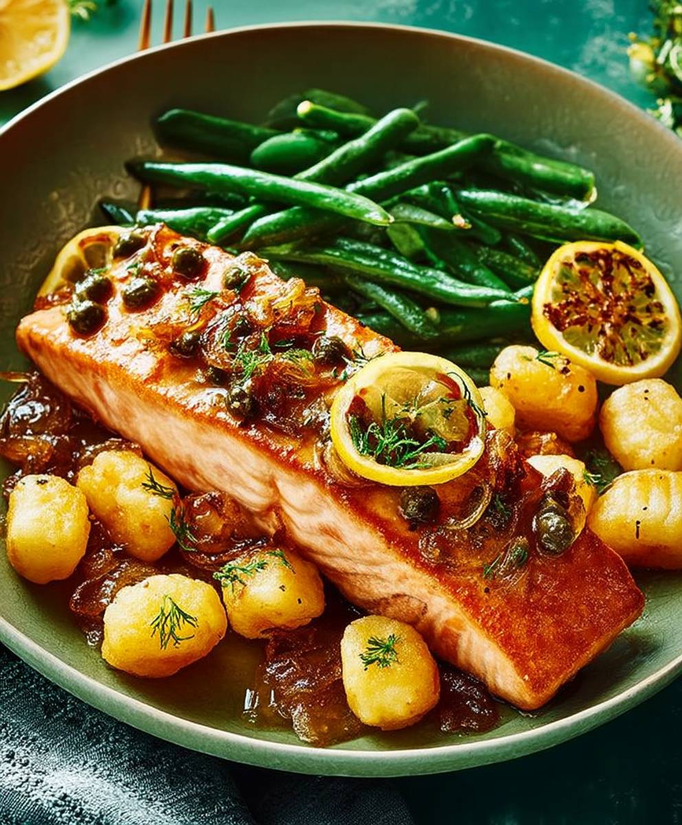 Salmon piccata crispy gnocchi