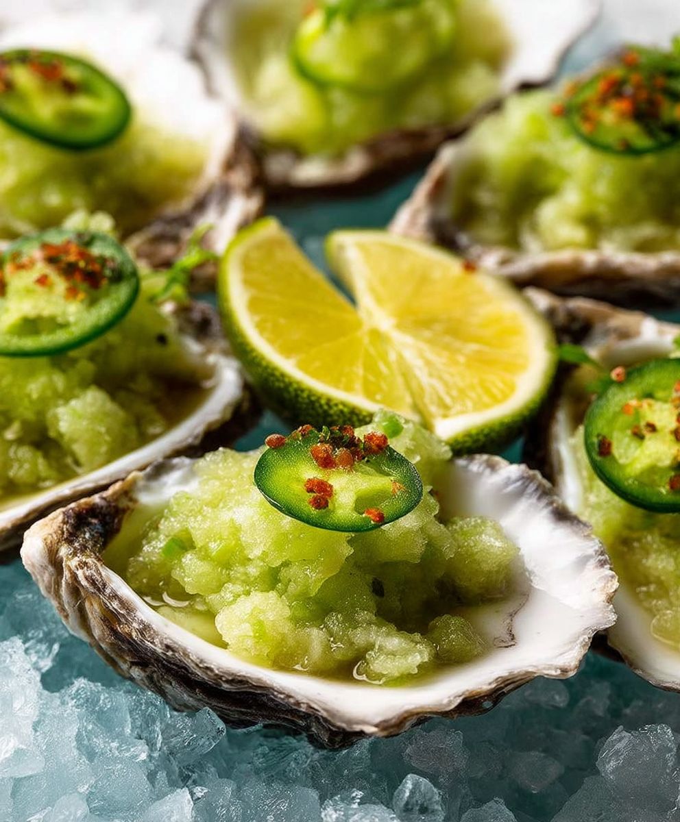 Cucumber lime granita oysters