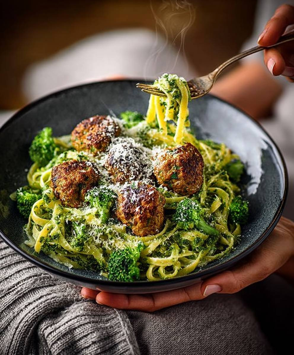 Herby meatballs broccoli pesto