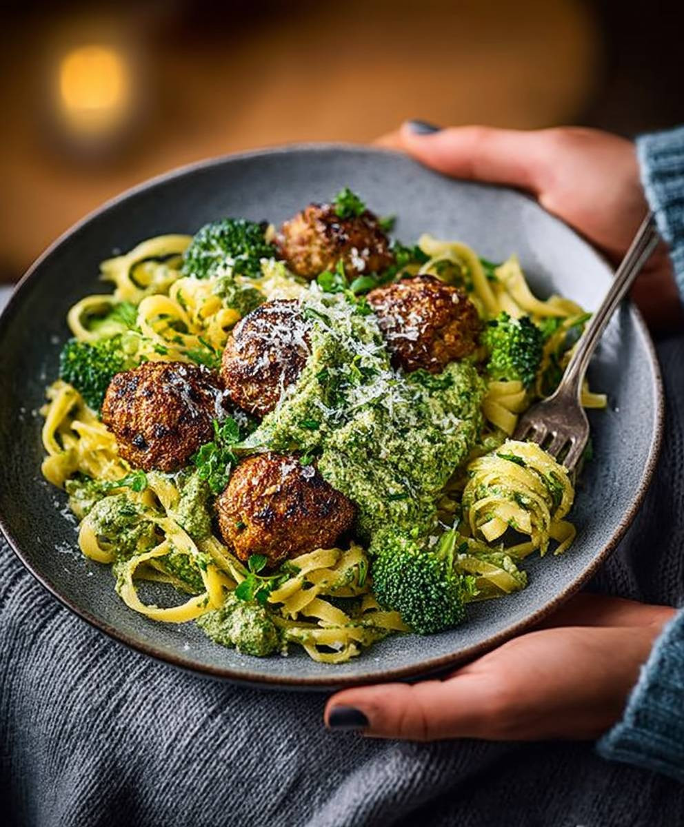 Herby meatballs broccoli pesto