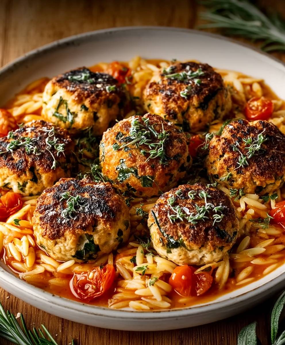 Rosemary Chicken Meatballs Orzo