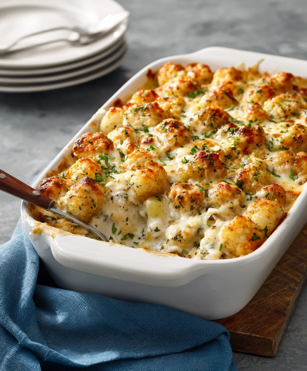 Ultimate Savory Creamy Chicken Alfredo Tater Tot Casserole