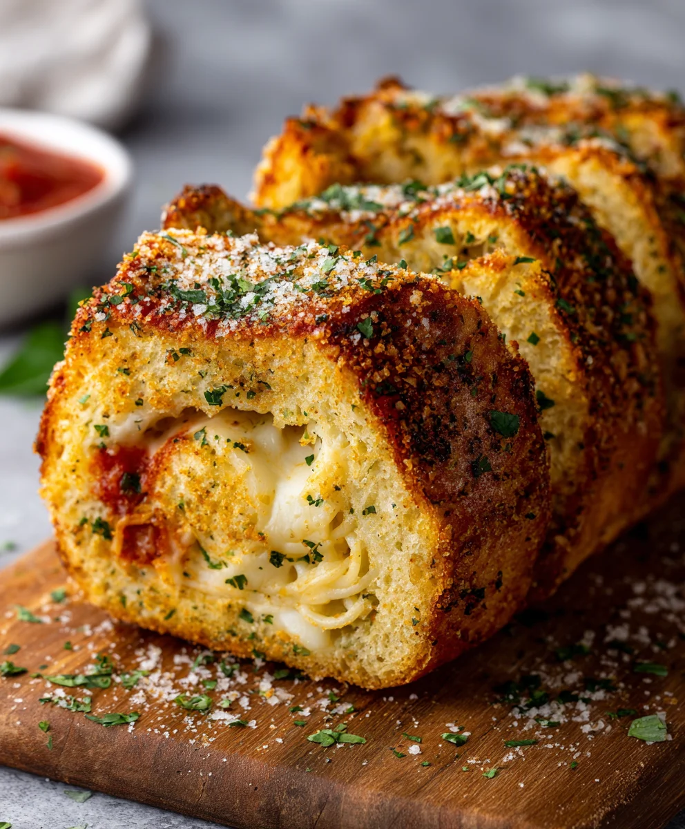 Cheesy Spaghetti & Beef Stuffed Garlic Bread Bake