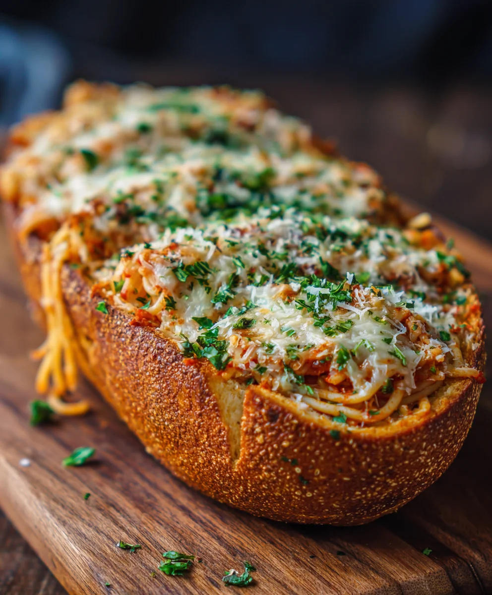 Cheesy Spaghetti & Beef Stuffed Garlic Bread Bake