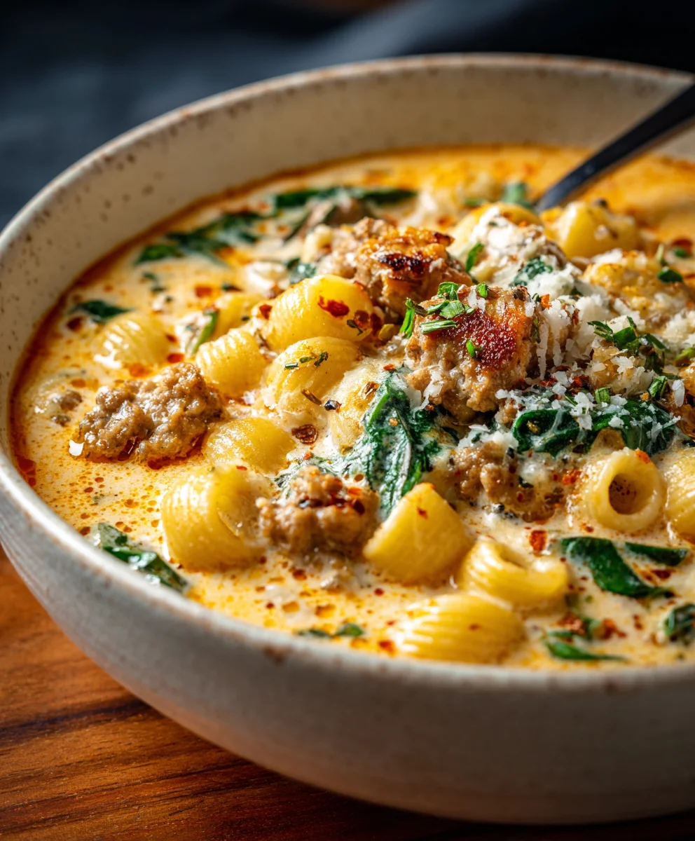Hearty Creamy Parmesan Beef Italian Sausage Ditalini Soup