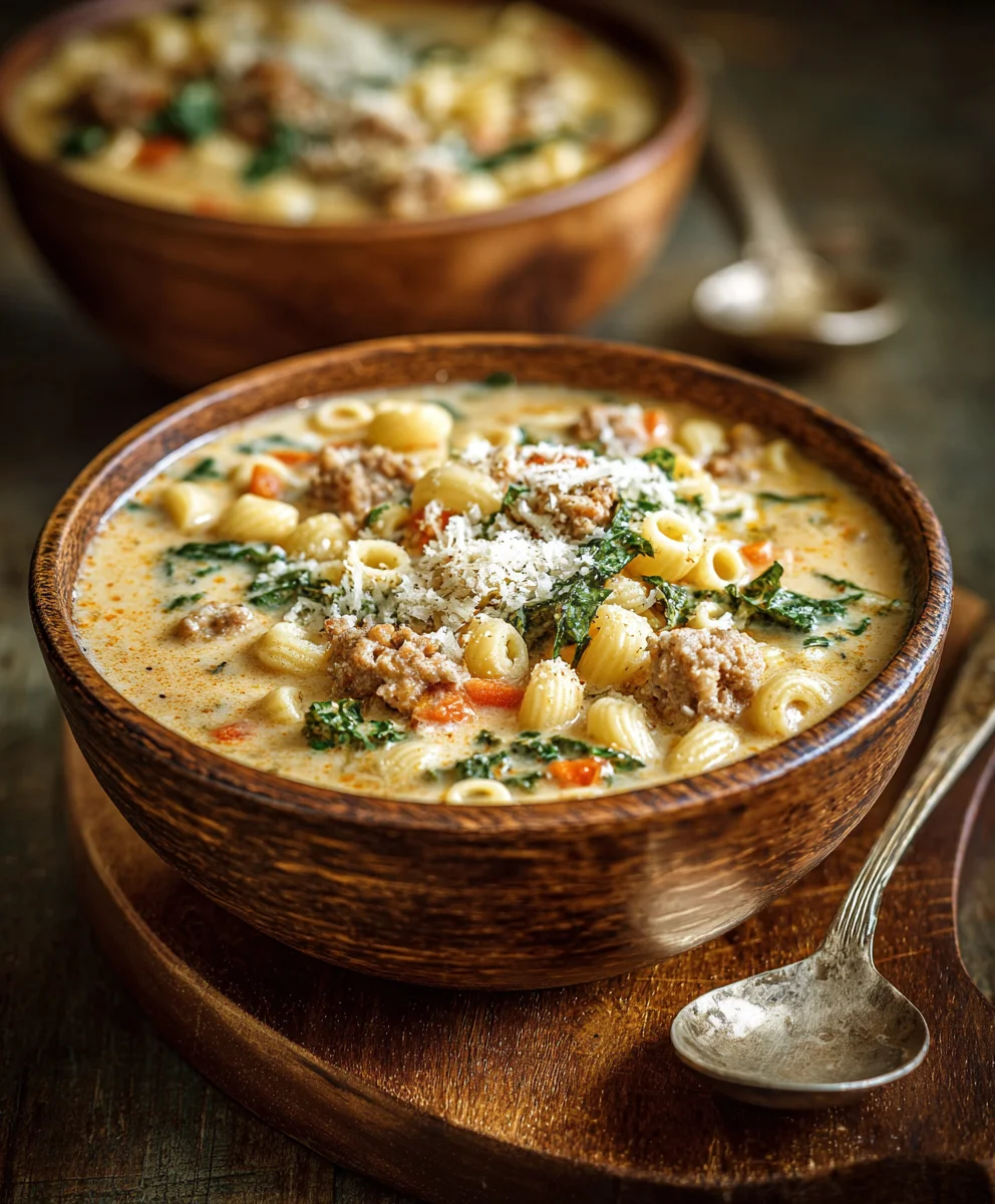 Hearty Creamy Parmesan Beef Italian Sausage Ditalini Soup