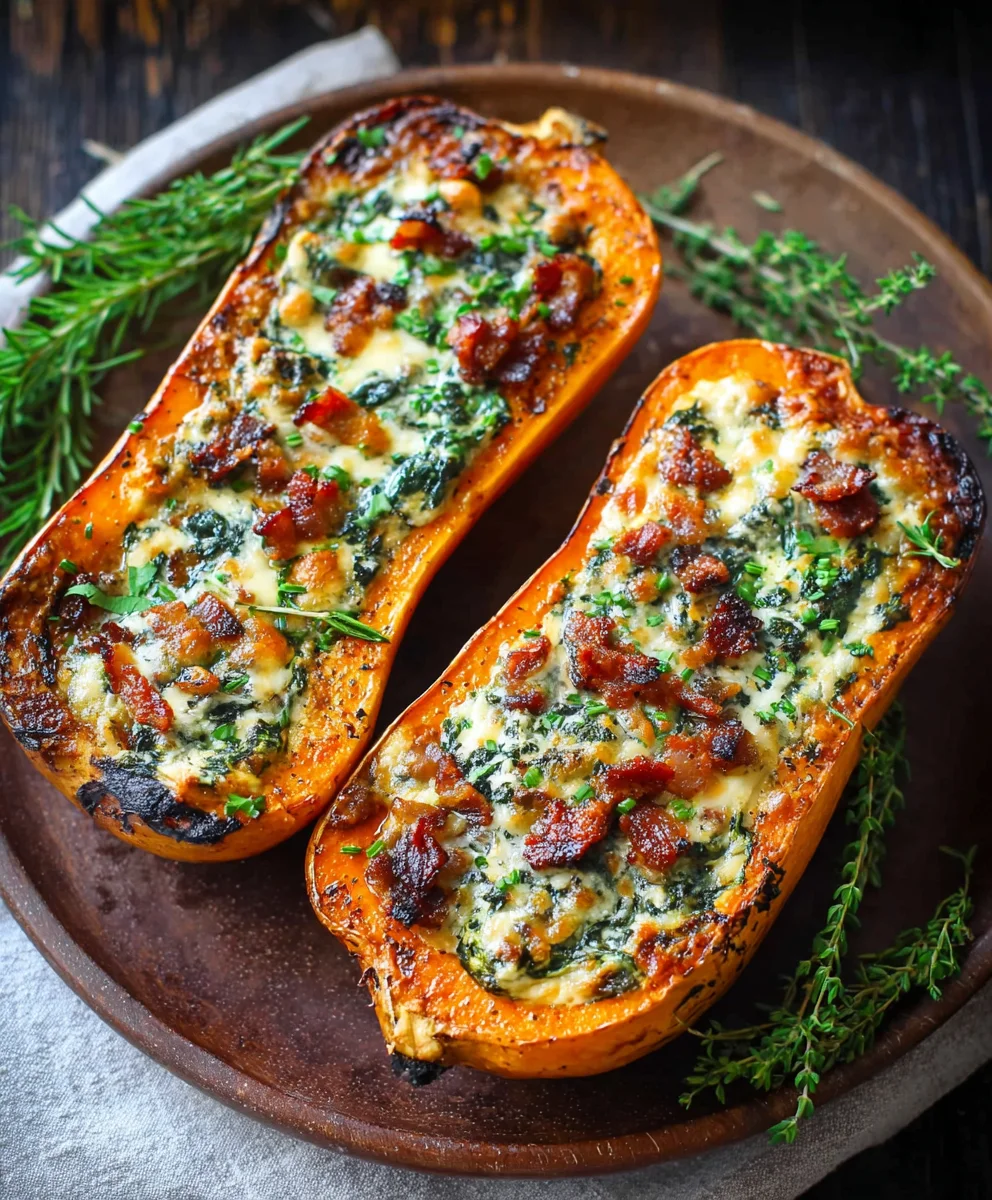 Stuffed Butternut Squash w/ Spinach, Beef Bacon & Cheese
