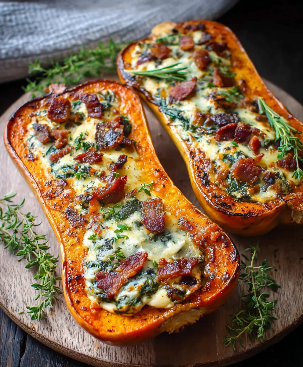 Stuffed Butternut Squash w/ Spinach, Beef Bacon & Cheese