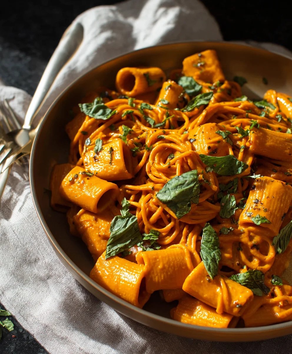 Delicious & High-Protein Vegan Sweet Potato Harissa Pasta