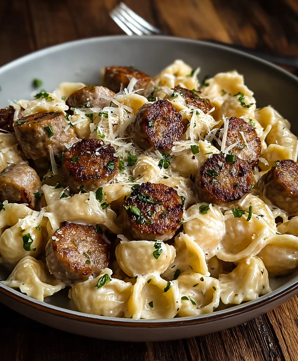 Garlic Butter Beef Sausage Bites & Creamy Parmesan Pasta