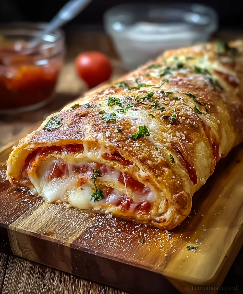 Delicious Italian Stromboli: Beef, Mozzarella, Zesty Marinara!