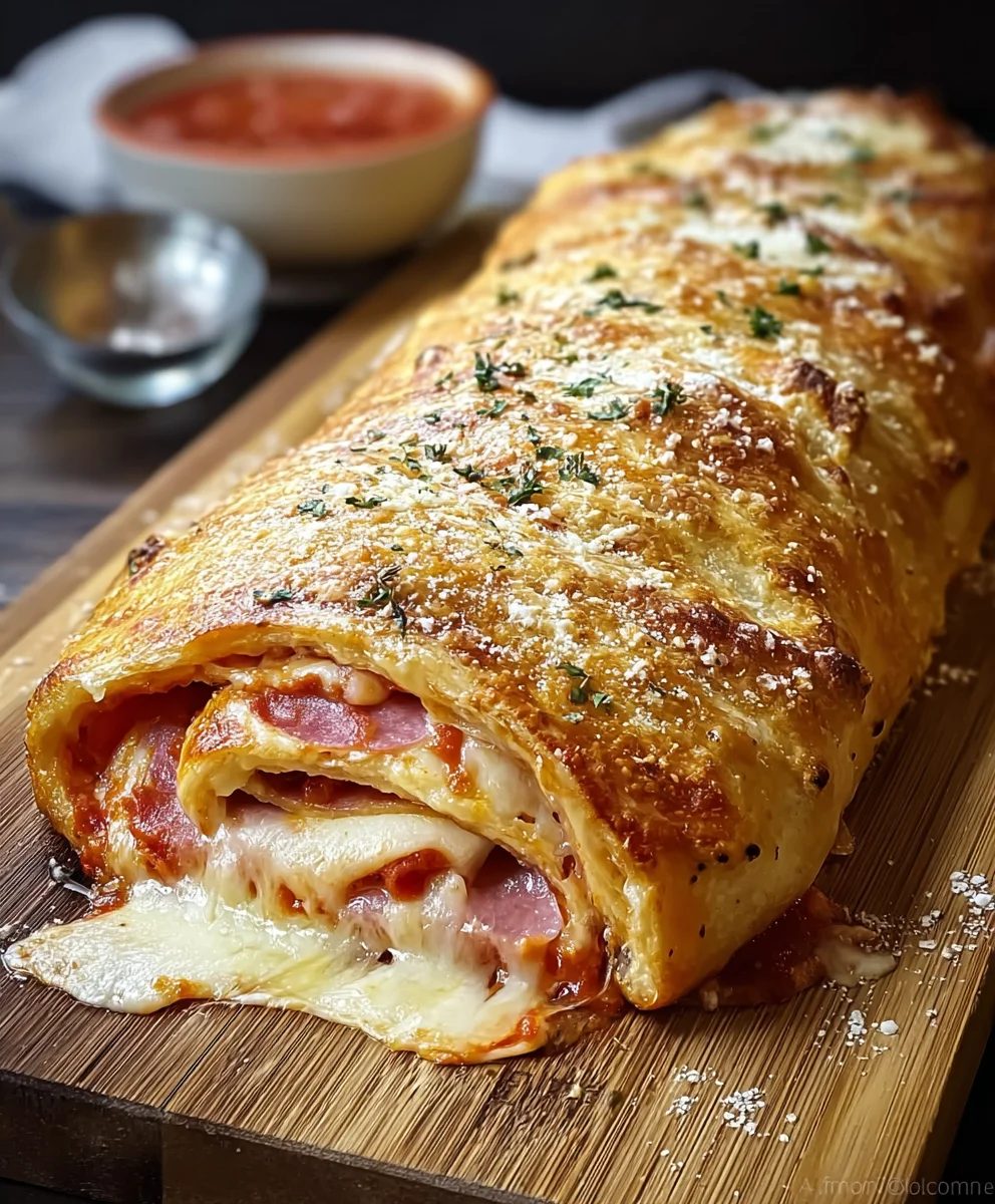 Delicious Italian Stromboli: Beef, Mozzarella, Zesty Marinara!
