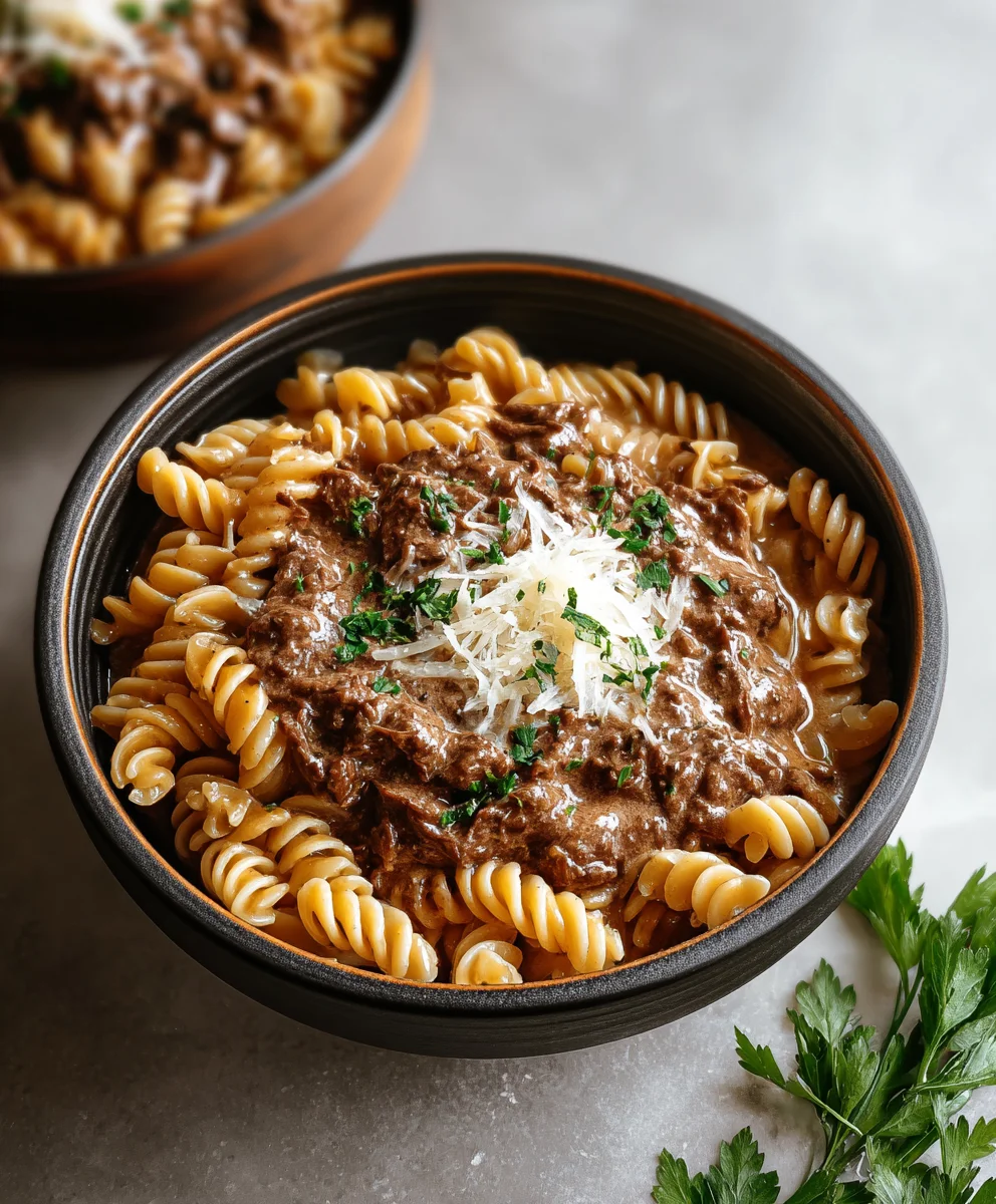 Easy Slow Cooker Creamy Garlic Beef Pasta Dinner Recipe