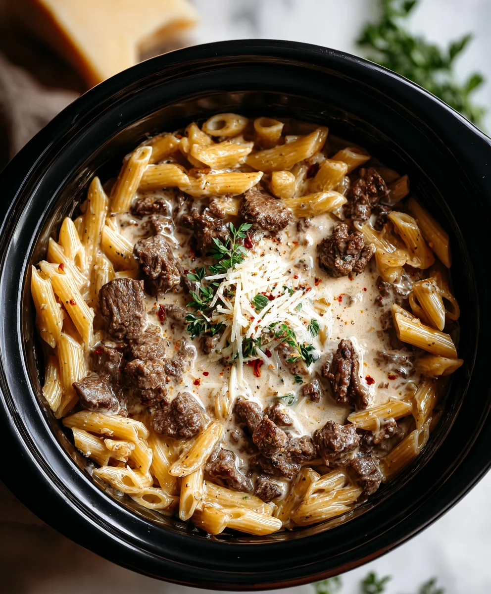 Easy Slow Cooker Creamy Garlic Beef Pasta Dinner Recipe