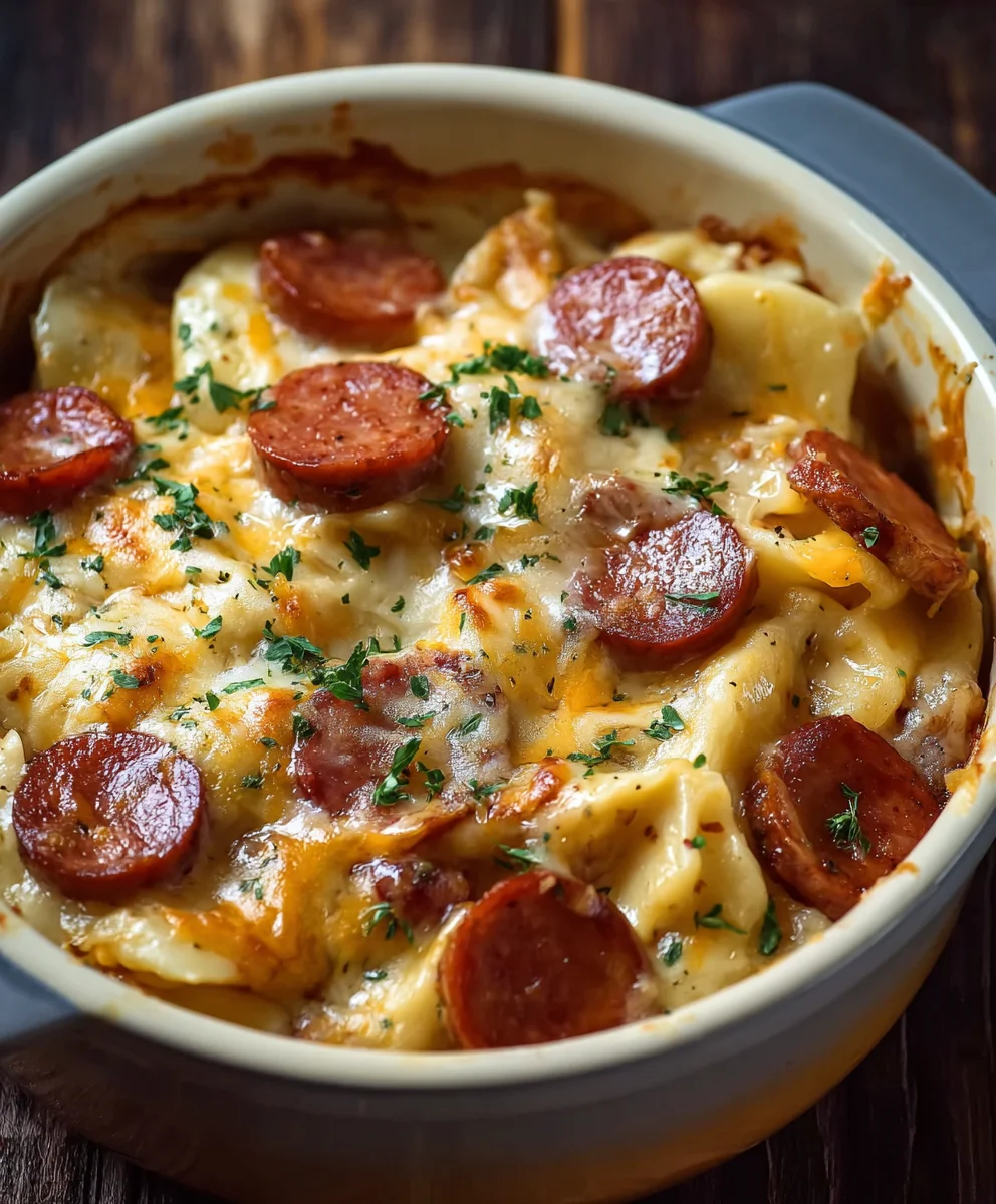 Easy Crockpot Pierogi Casserole with Beef Smoked Sausage