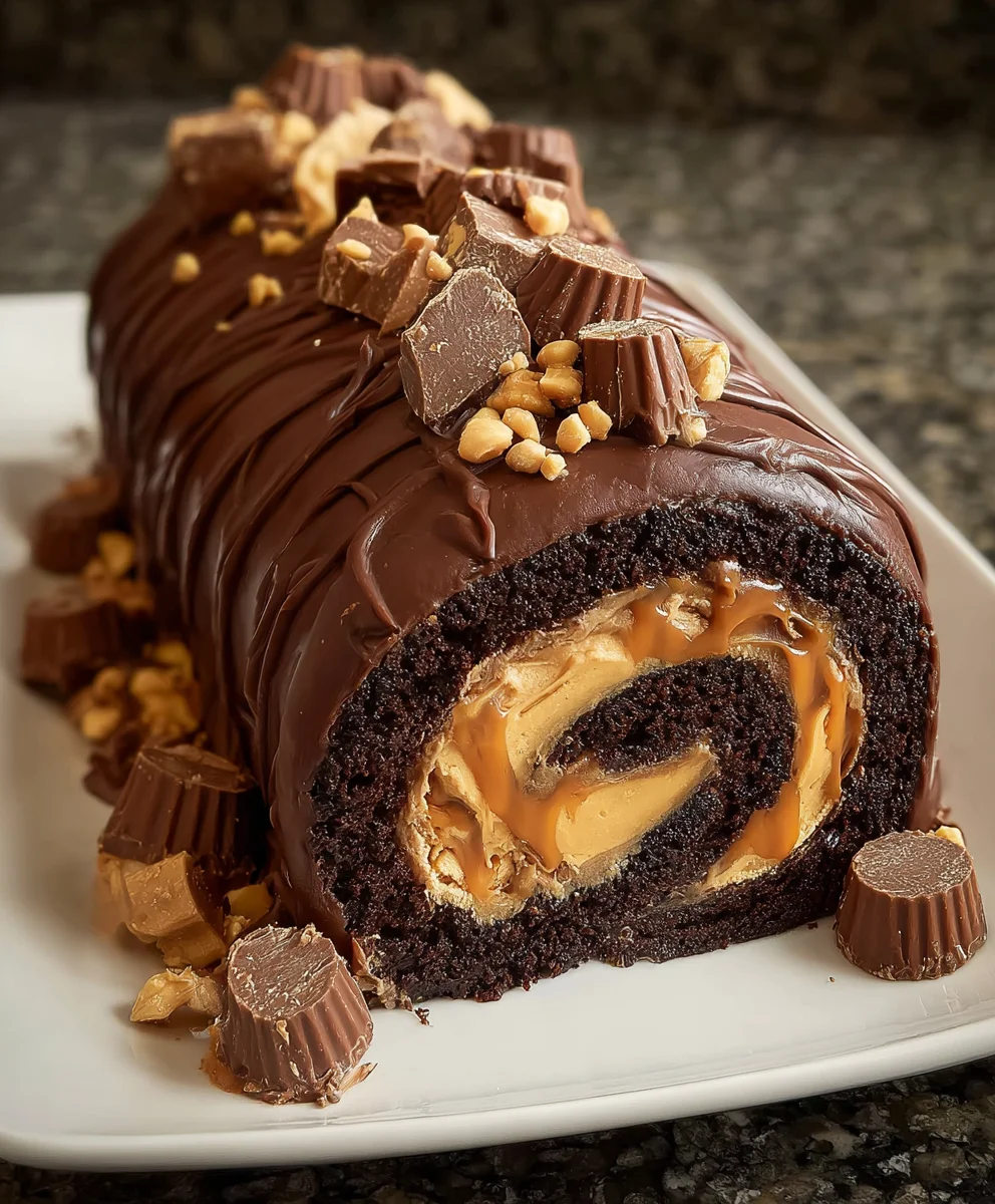 Peanut Butter Cup Chocolate Roll Cake - Easy Dessert