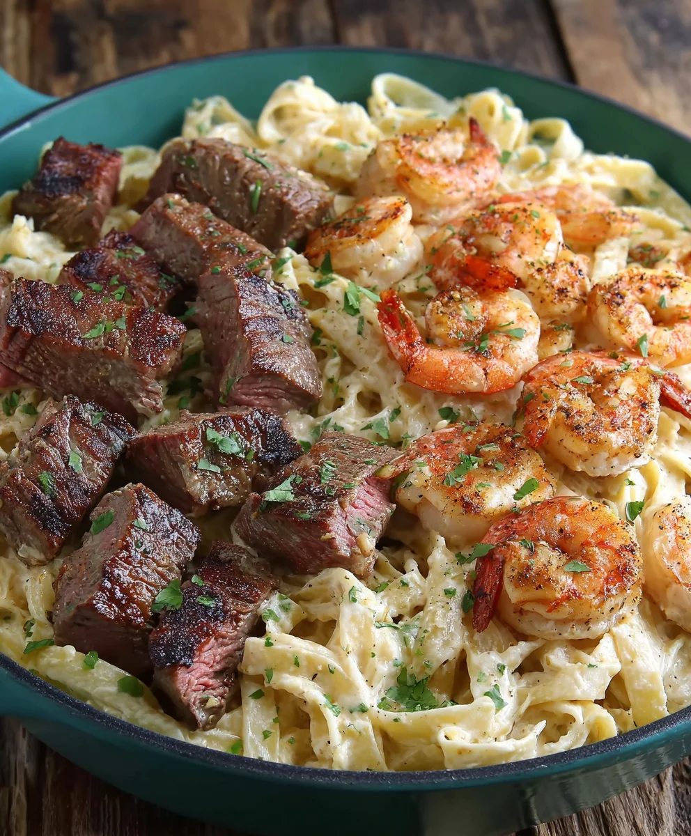 Steak and Shrimp Alfredo- Creamy Pasta Dream