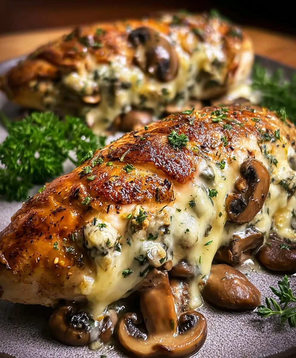Cheesy Garlic Butter Mushroom Stuffed Chicken Recipe
