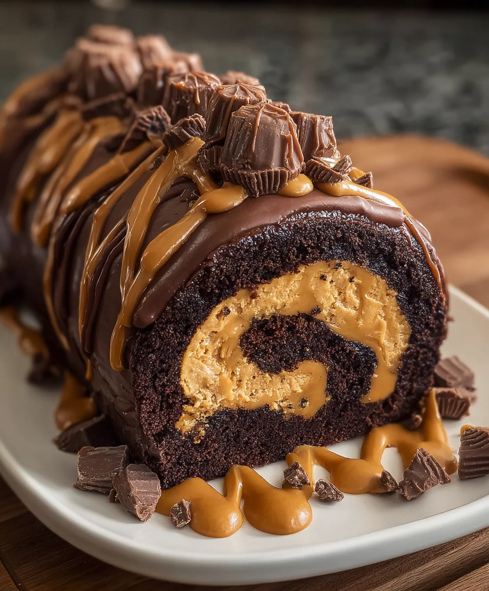 Peanut Butter Cup Chocolate Roll Cake - Easy Dessert