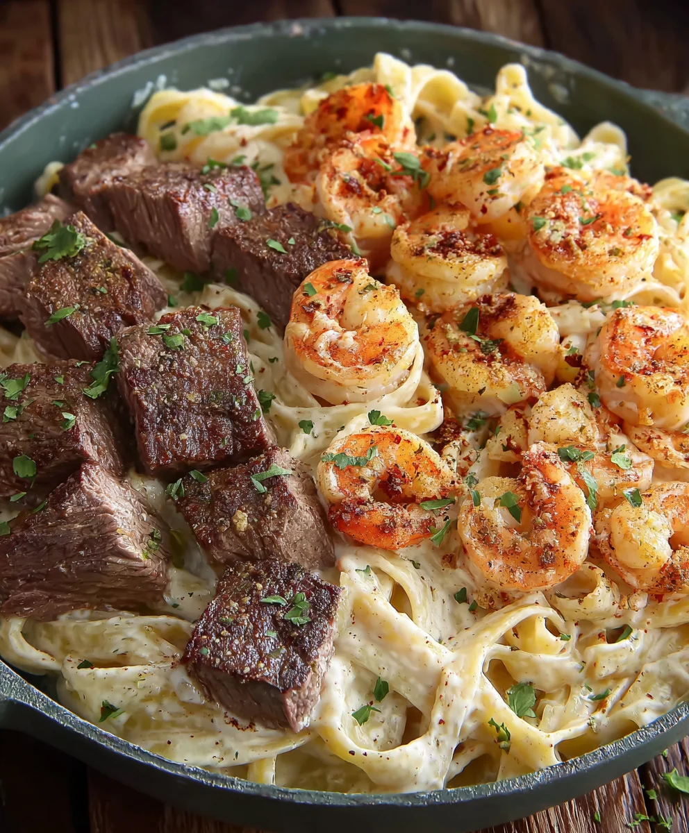 Steak and Shrimp Alfredo- Creamy Pasta Dream