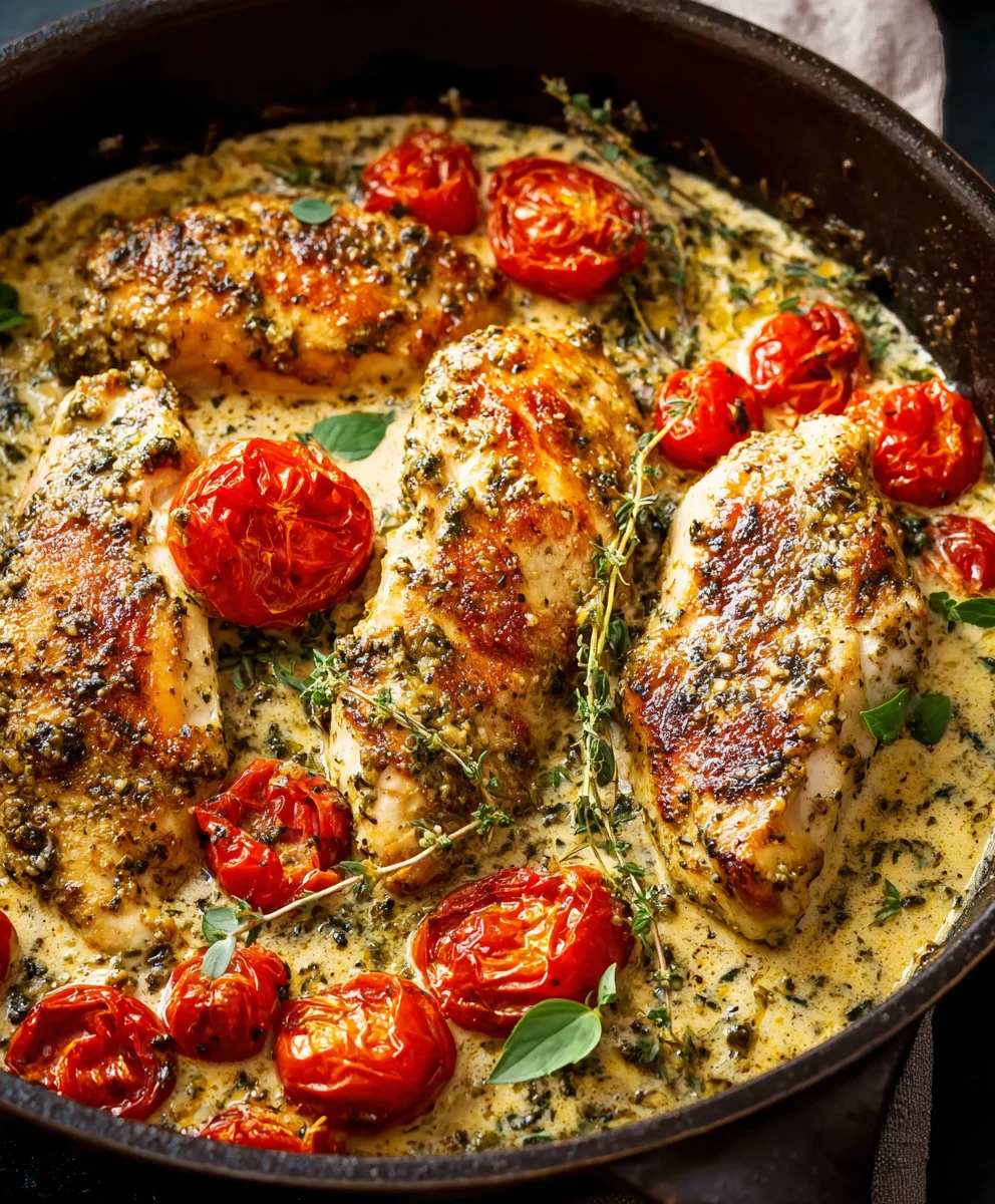 Creamy Pesto Chicken Roasted Tomatoes Recipe