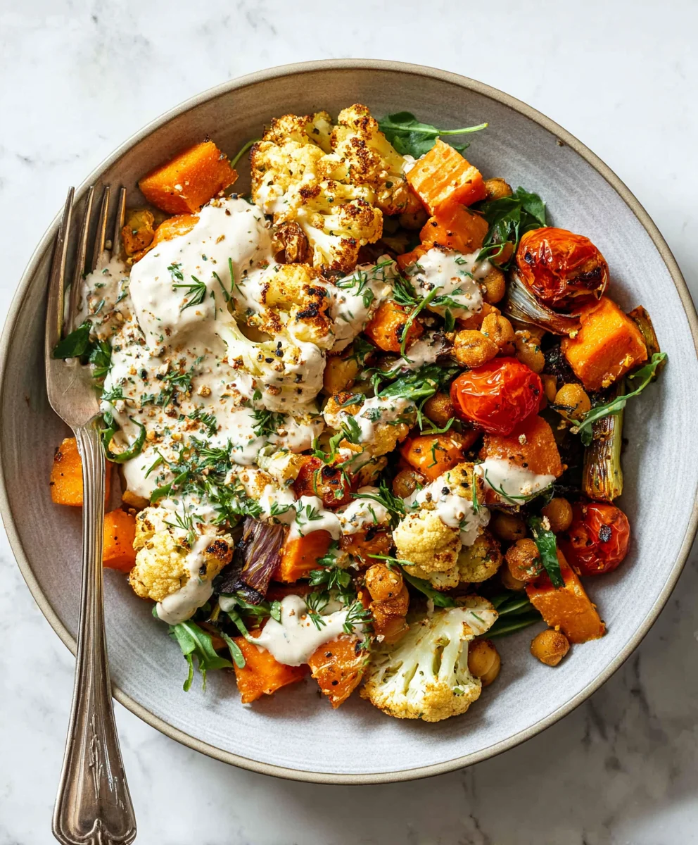 Glow Bowl Recipe-Roasted Veggies & Tahini Yogurt Sauce