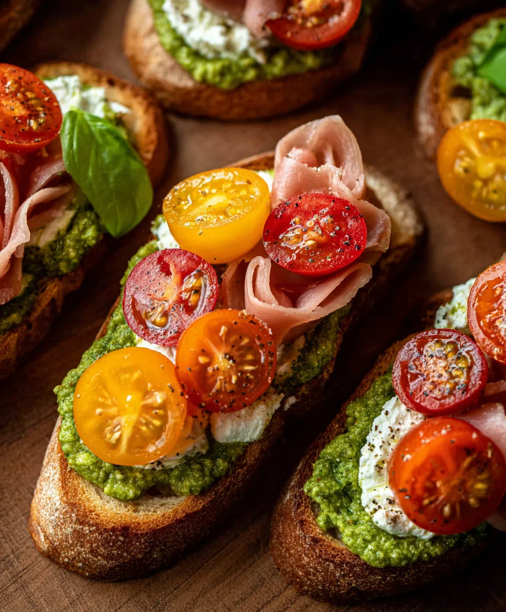 Tomato Crostini with Pesto Ricotta-Easy Appetizer