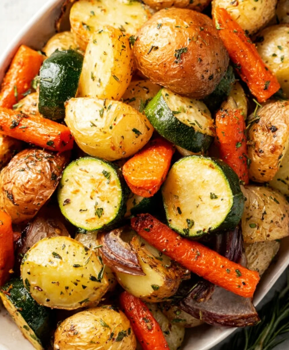 Garlic Herb Roasted Potatoes Carrots Zucchini - Easy Veggie Side
