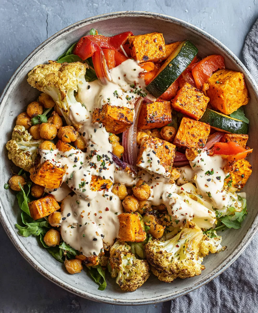 Glow Bowl Recipe-Roasted Veggies & Tahini Yogurt Sauce