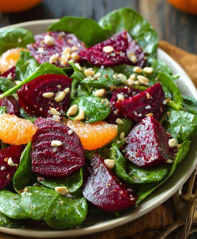 Beet Salad with Spinach and Honey-Mustard Lemon Dressing