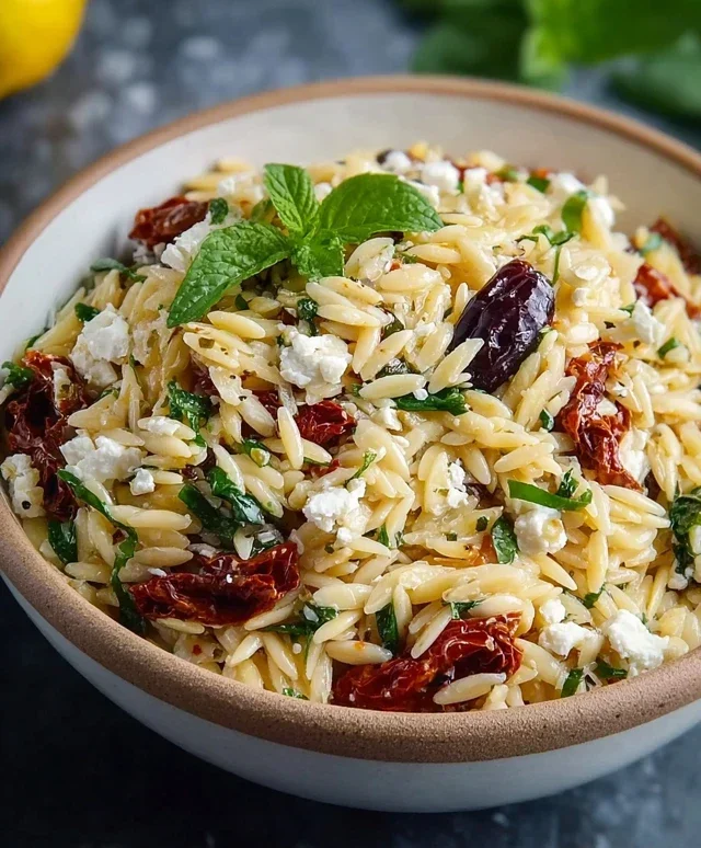 Homemade Orzo Pasta Salad with Feta and Sun Dried Tomatoes - FlirtyFood