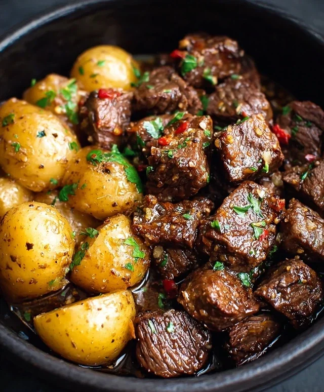 Slow Cooker Garlic Butter Beef Bites with Potatoes
