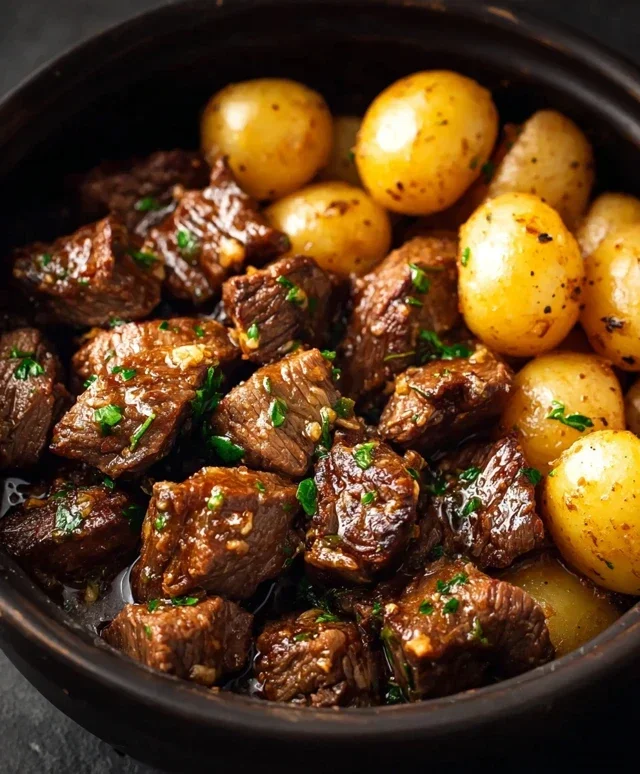 Slow Cooker Garlic Butter Beef Bites with Potatoes